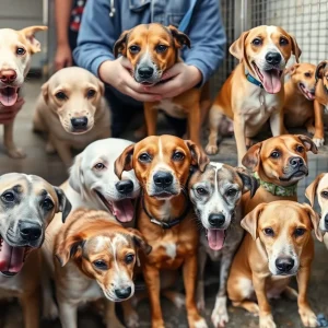 Collage of rescued dogs and animals in a shelter setting