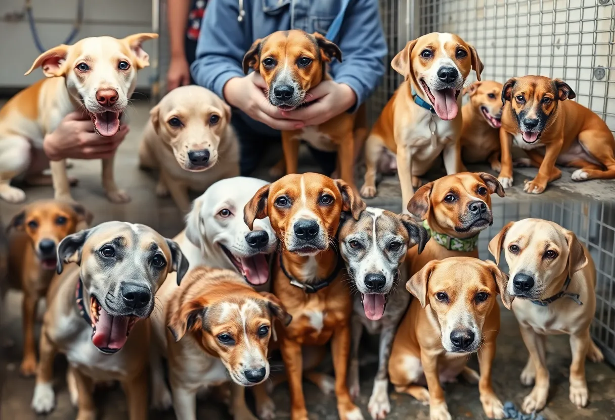 Collage of rescued dogs and animals in a shelter setting