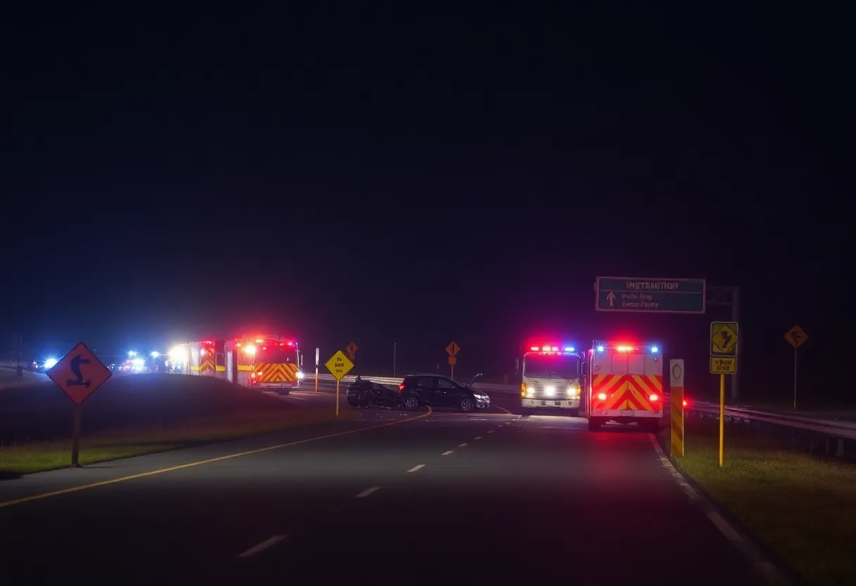 Scene of a nighttime vehicle accident on a highway