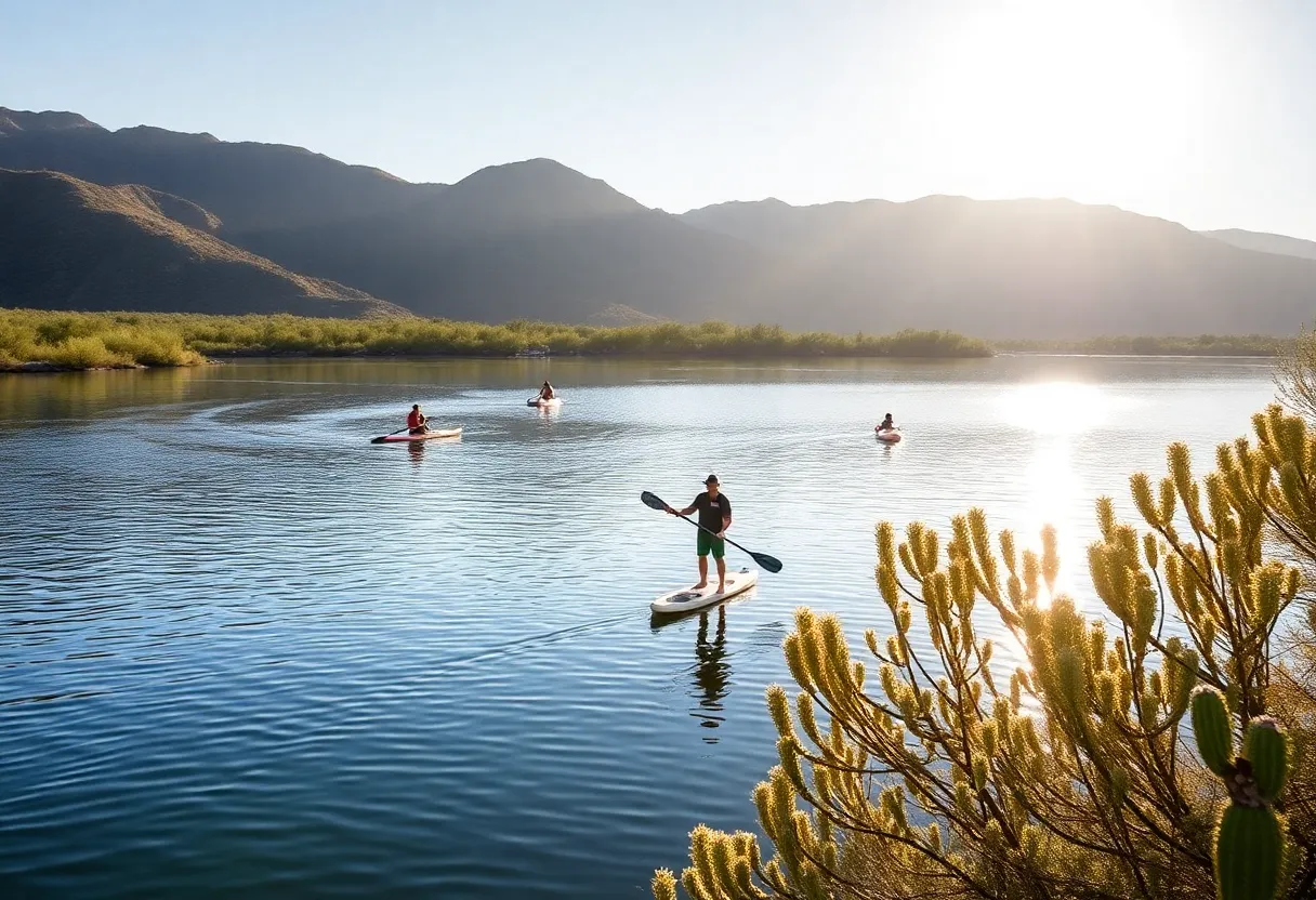 Scenic view of Saguaro Lake with paddleboarders in the distance.