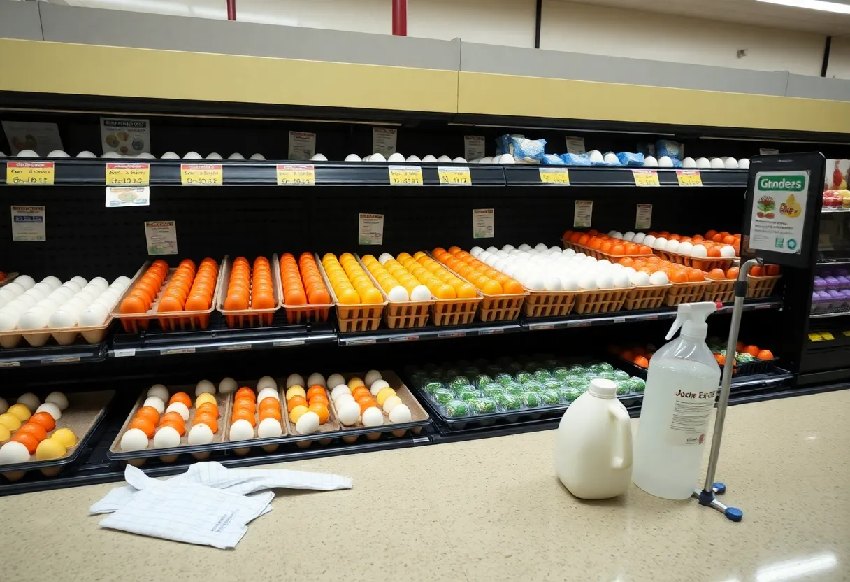 Illustration of a grocery store egg section with warning labels