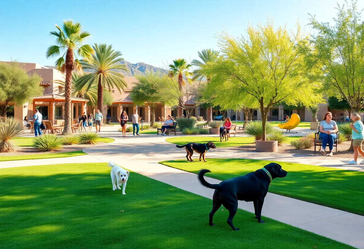 A sunny park in Scottsdale, Arizona, filled with dogs and their owners enjoying pet-friendly amenities.