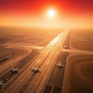 An aerial view of Sky Harbor Airport with aircraft on the runway during a hot summer day.