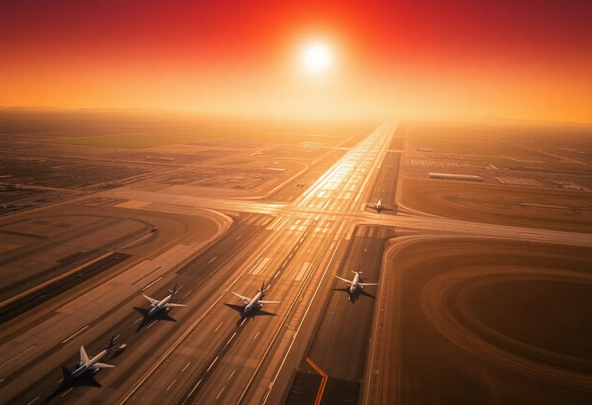 An aerial view of Sky Harbor Airport with aircraft on the runway during a hot summer day.