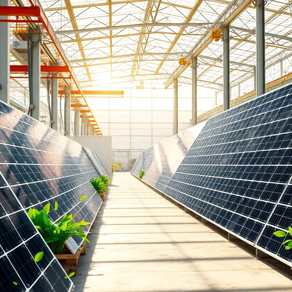 A factory producing solar panels with recycled materials under bright sunlight.