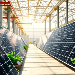 A factory producing solar panels with recycled materials under bright sunlight.