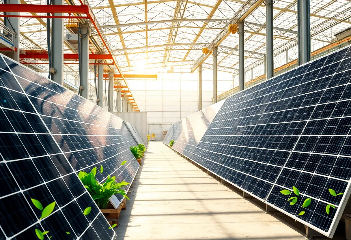 A factory producing solar panels with recycled materials under bright sunlight.