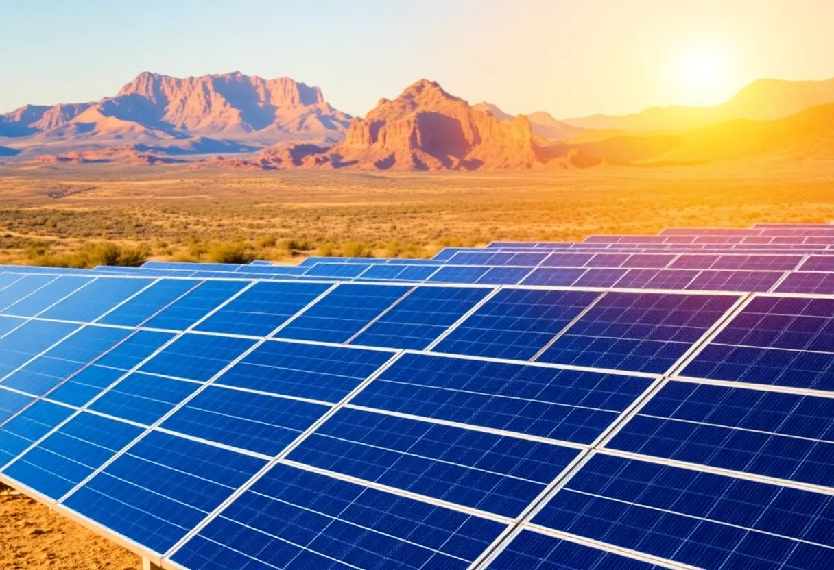A field of solar panels in the Arizona desert under a bright sun.