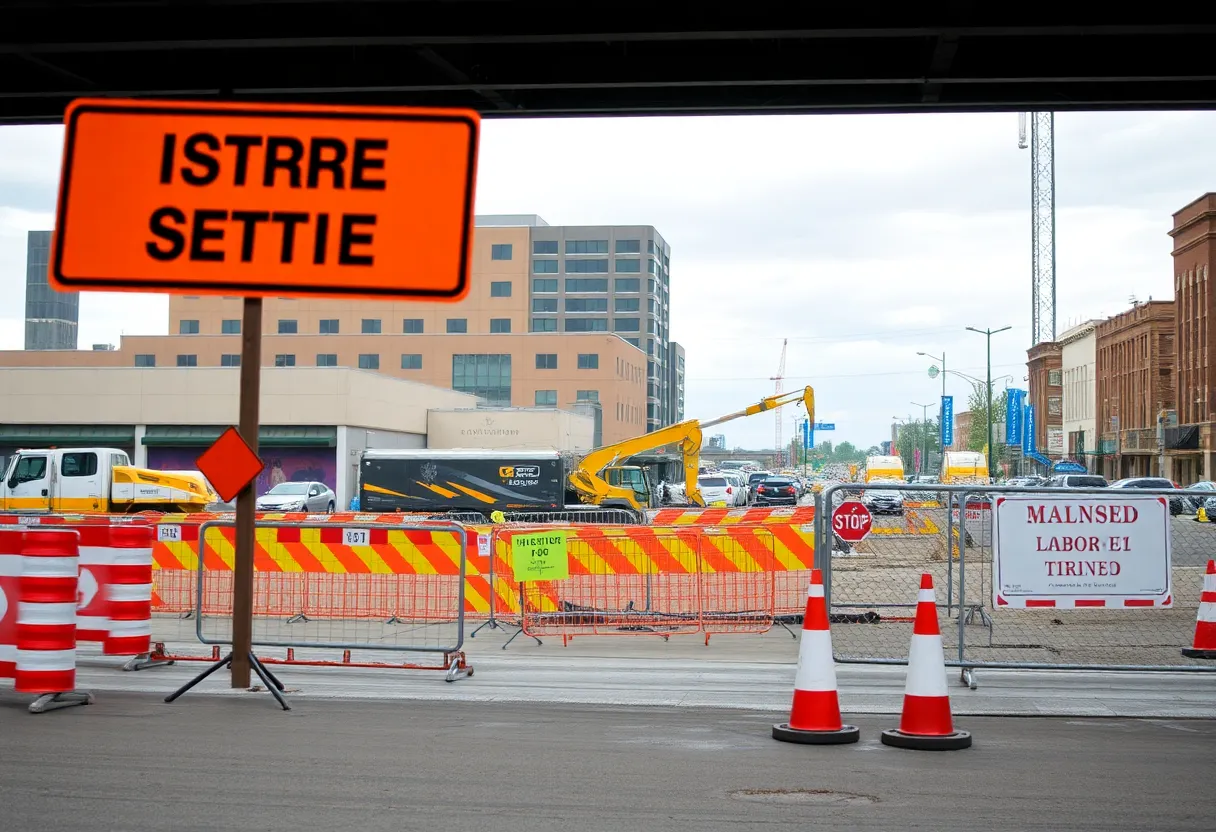Empty construction site in Spokane with barriers due to a labor strike