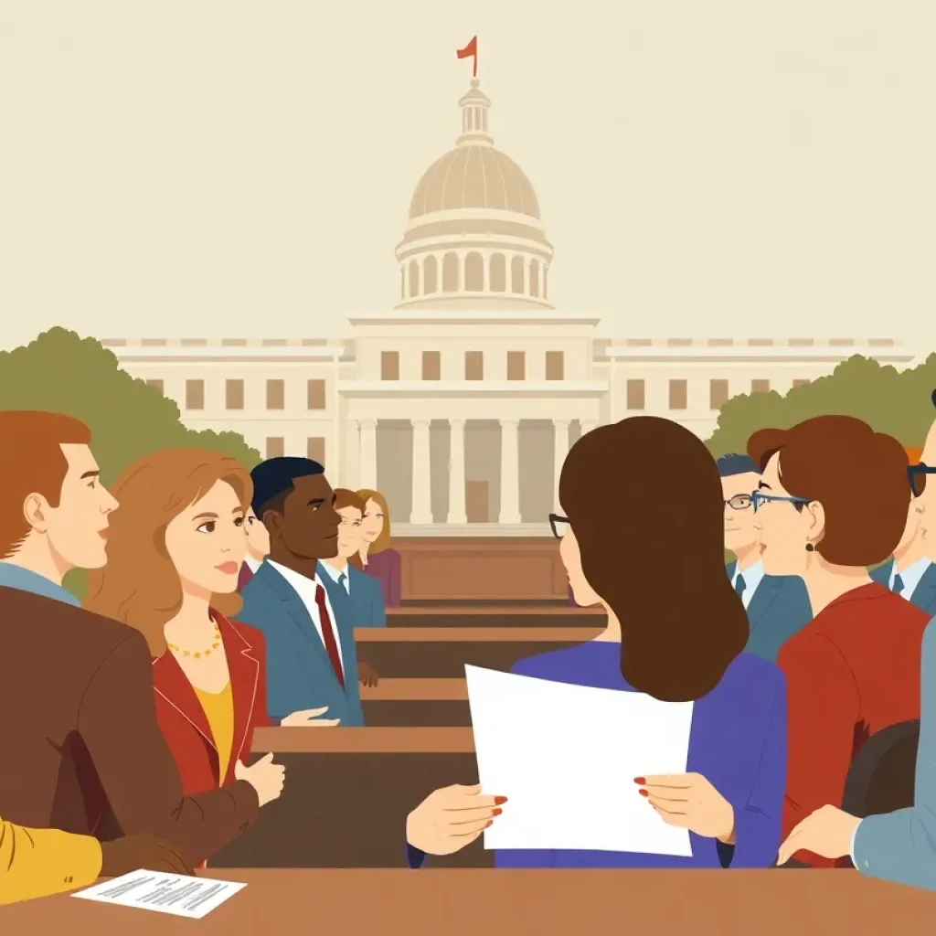 Illustration depicting a legislative session with diverse individuals engaged in discussion.