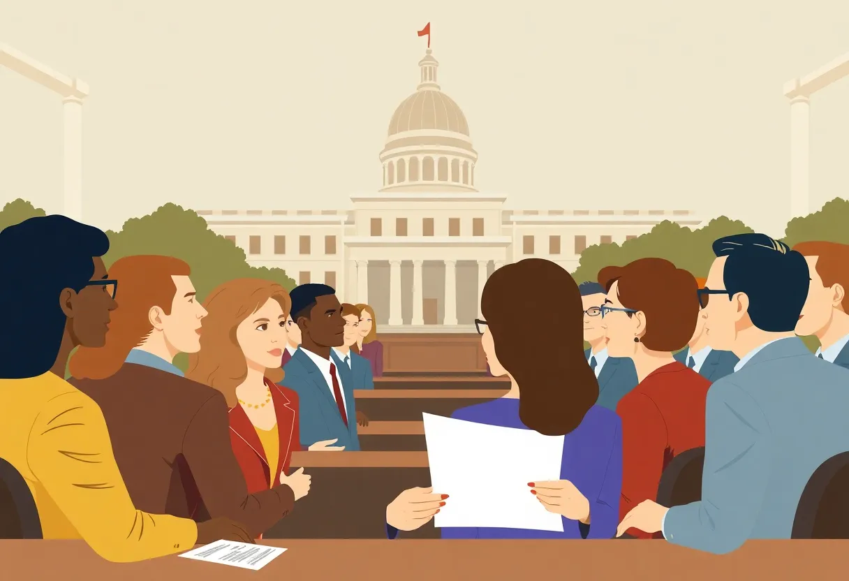 Illustration depicting a legislative session with diverse individuals engaged in discussion.