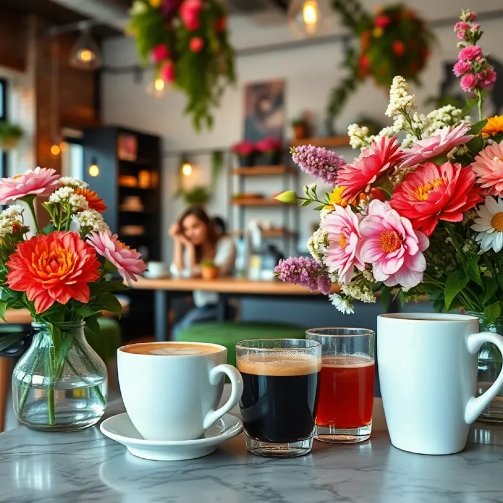 Interior of Stemistry with flowers and coffee drinks on display.