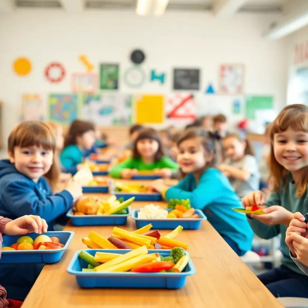 Students in a school cafeteria enjoying nutritious meals together