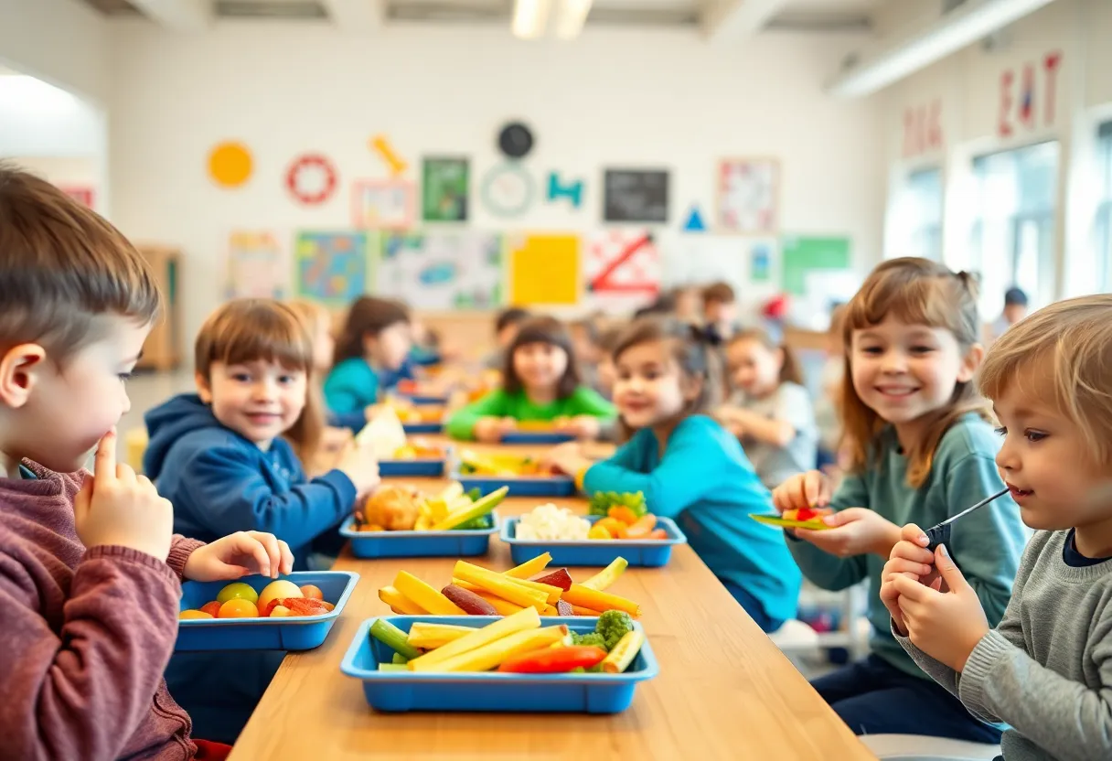 Students in a school cafeteria enjoying nutritious meals together