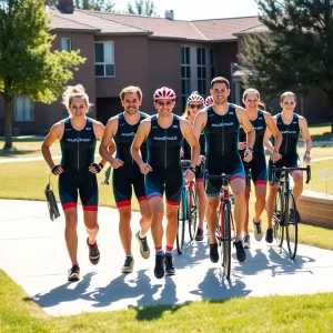 Triathletes training on a college campus for the Sun Devil Triathlon.