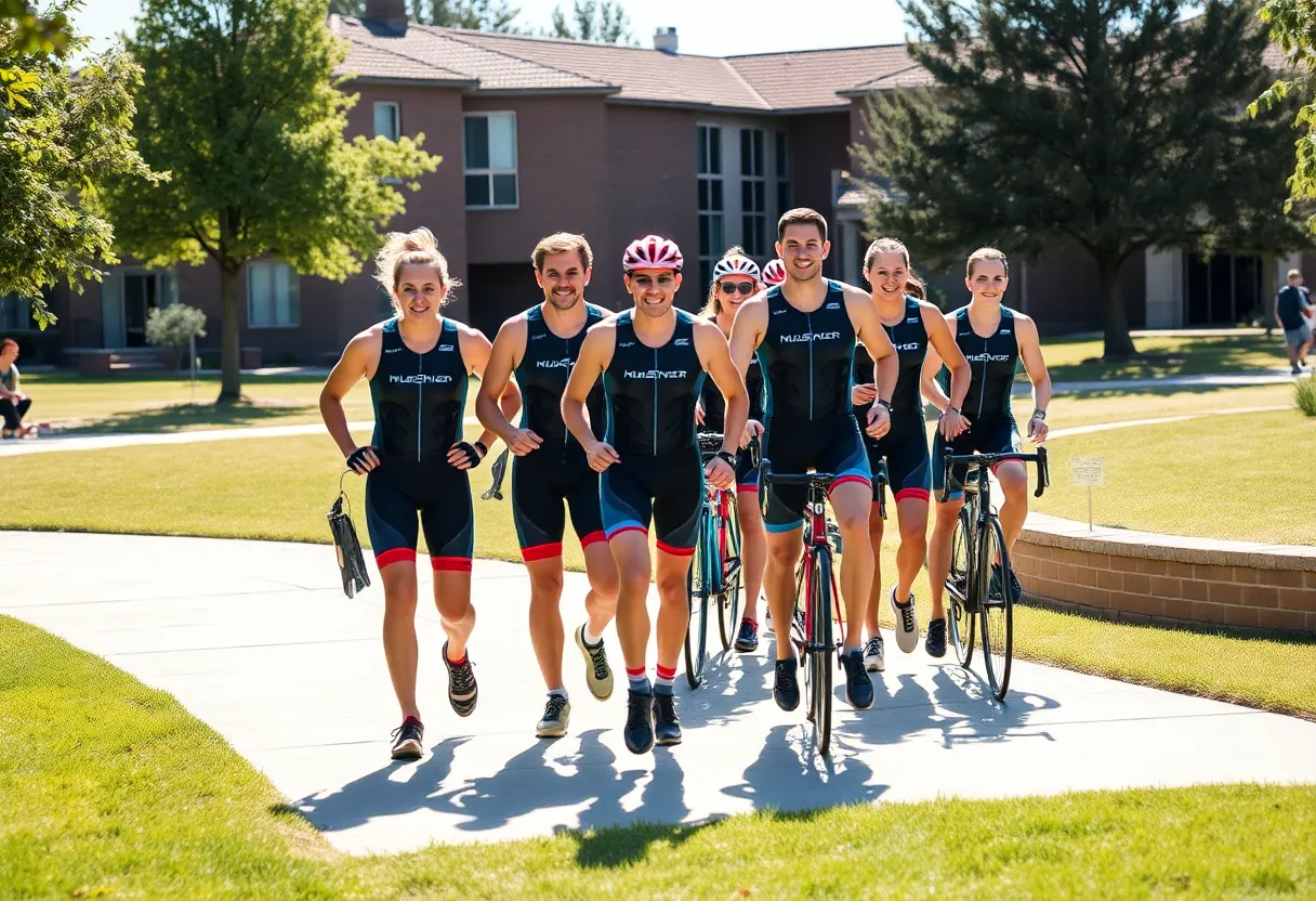 Triathletes training on a college campus for the Sun Devil Triathlon.