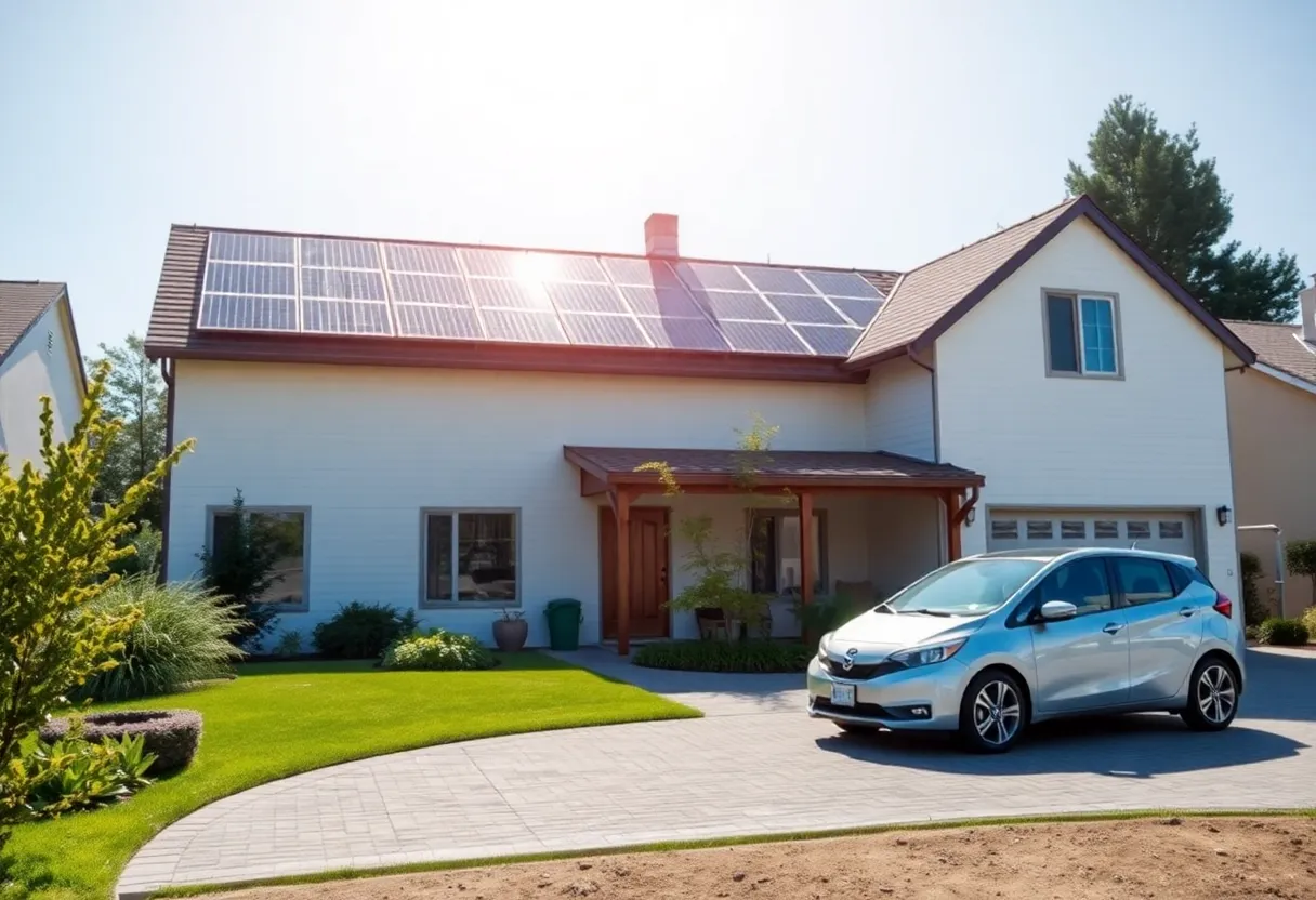 A sustainable home featuring solar panels and an electric vehicle.