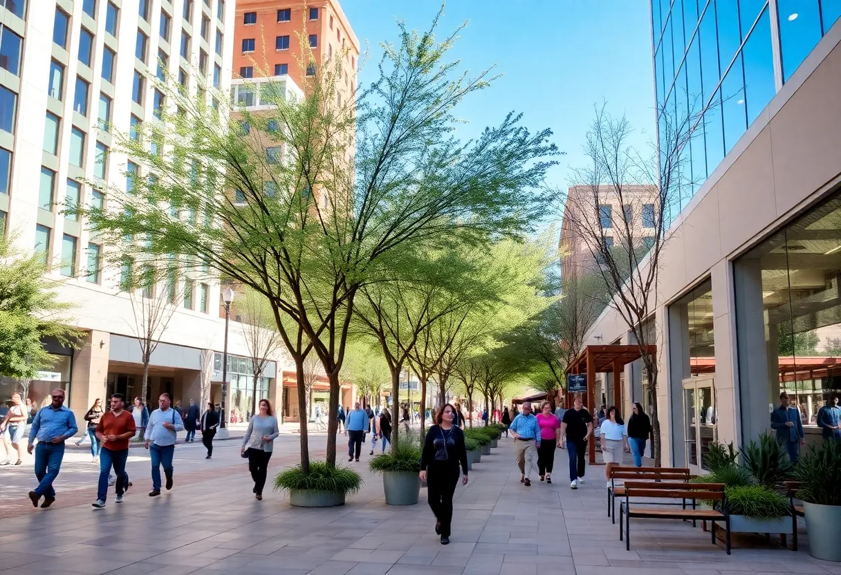 Rendering of the extended Taylor Mall with pedestrians and landscaping