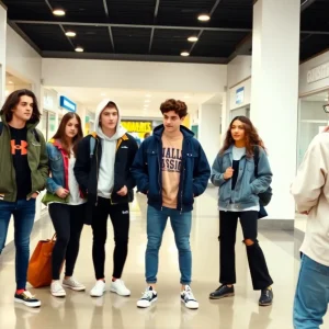 A group of teenagers socializing in a mall environment.