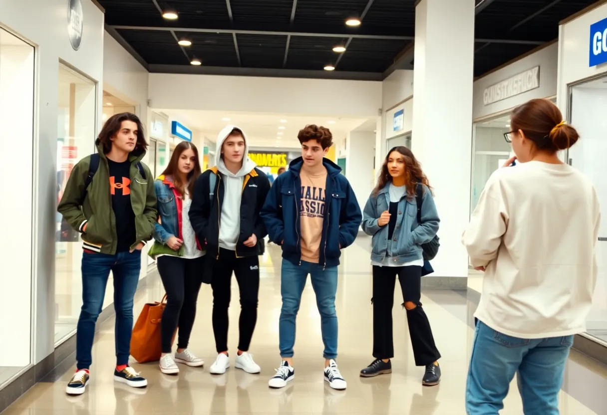 A group of teenagers socializing in a mall environment.