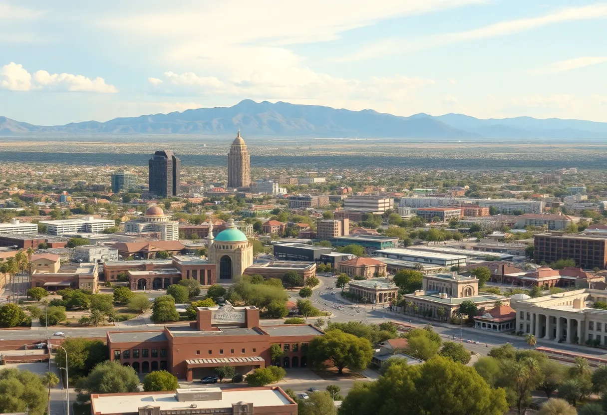 Aerial view of Tucson illustrating economic contrasts with developed and underdeveloped areas.