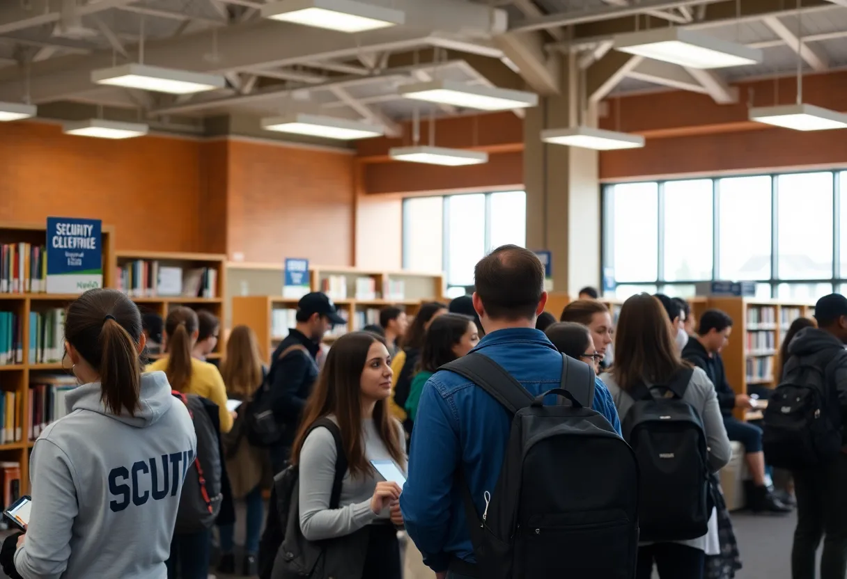 A bustling university library with students and safety signs displayed