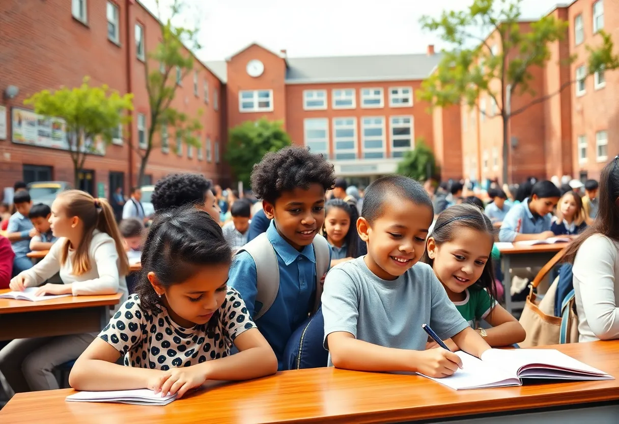 A diverse group of students learning at school