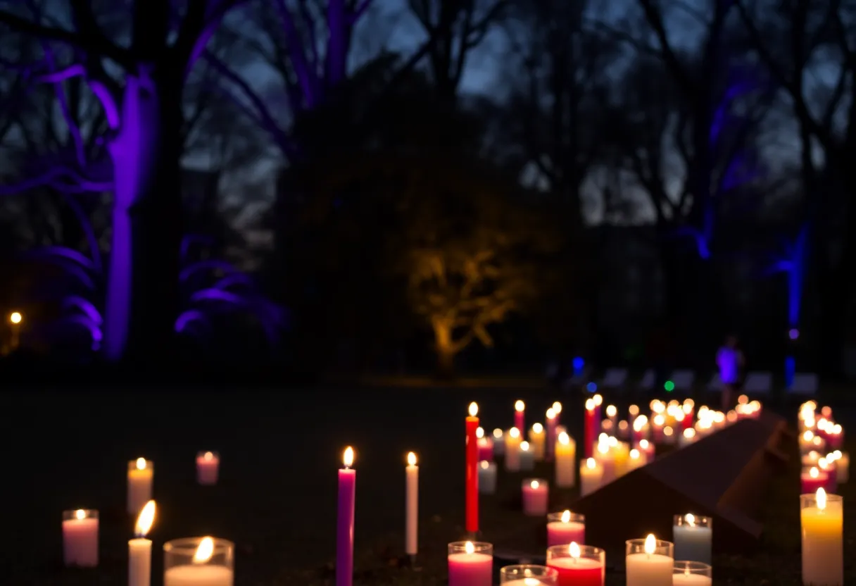 Candlelight vigil held in remembrance of a young girl at a park.