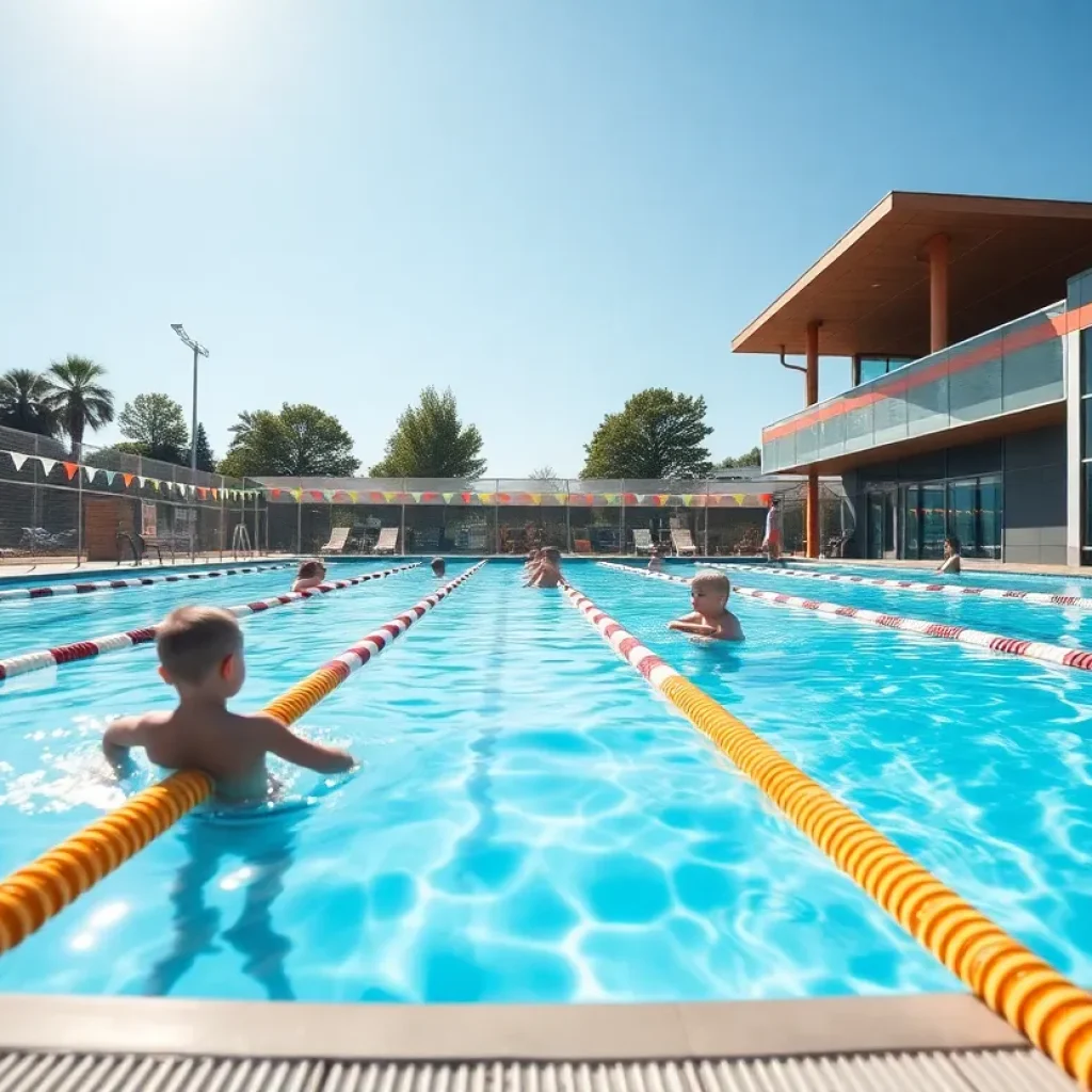 Children enjoying a safe swimming environment with barriers and supervision.