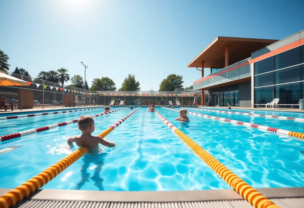 Children enjoying a safe swimming environment with barriers and supervision.
