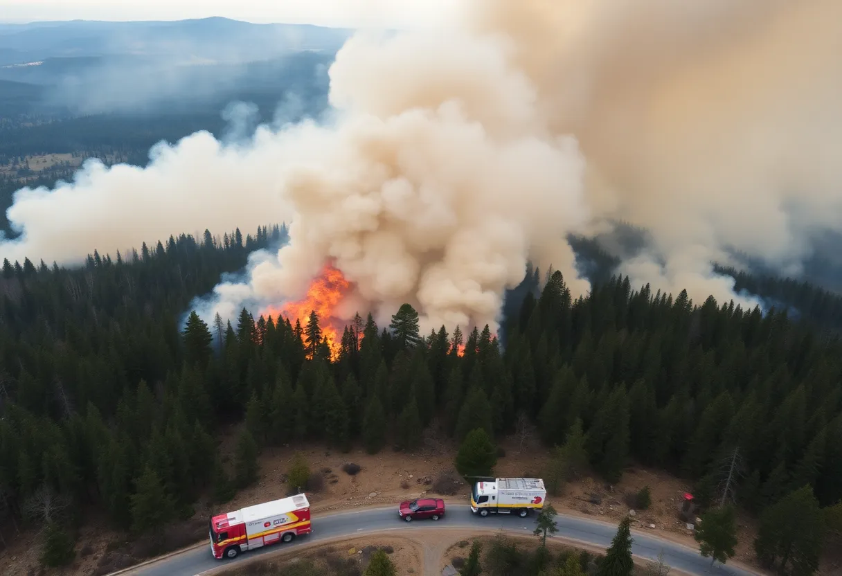 Firefighters battling the Sheep Springs Fire in a forested area