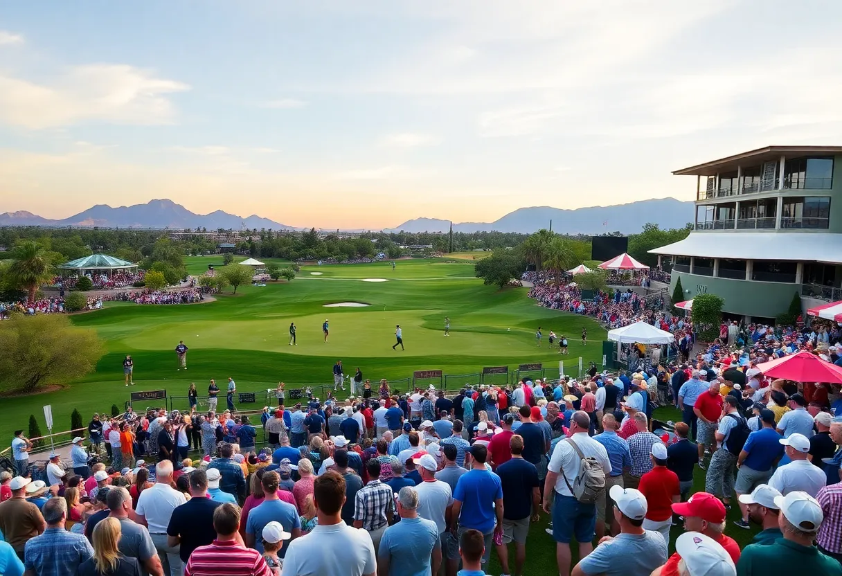 Golf tournament at TPC Scottsdale with spectators and players