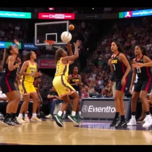 Players reacting to a disruption during a WNBA game with an object on the court