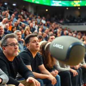 Fans reacting to an object thrown on the court during a WNBA game.