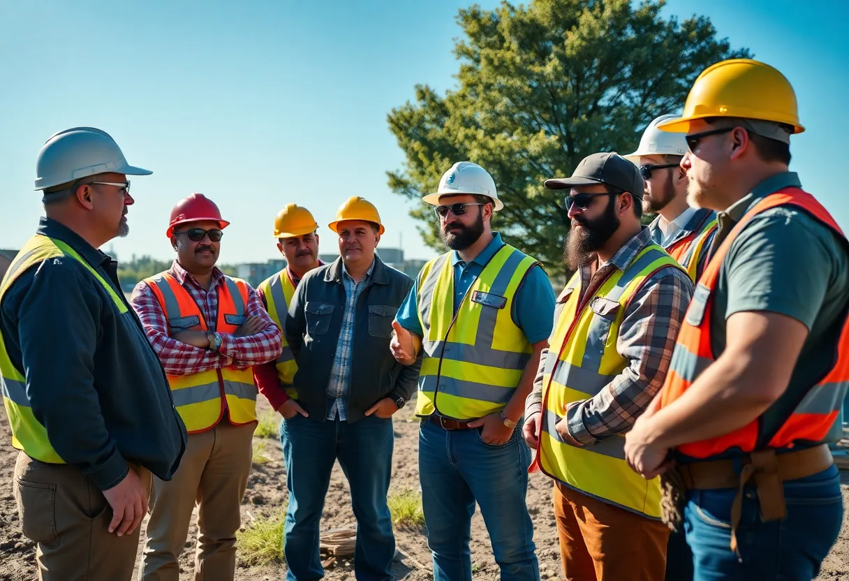 A group of workers from different sectors discussing strategies for heat safety.