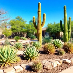 A vibrant xeriscape garden in Phoenix showcasing drought-tolerant plants and hardscaping