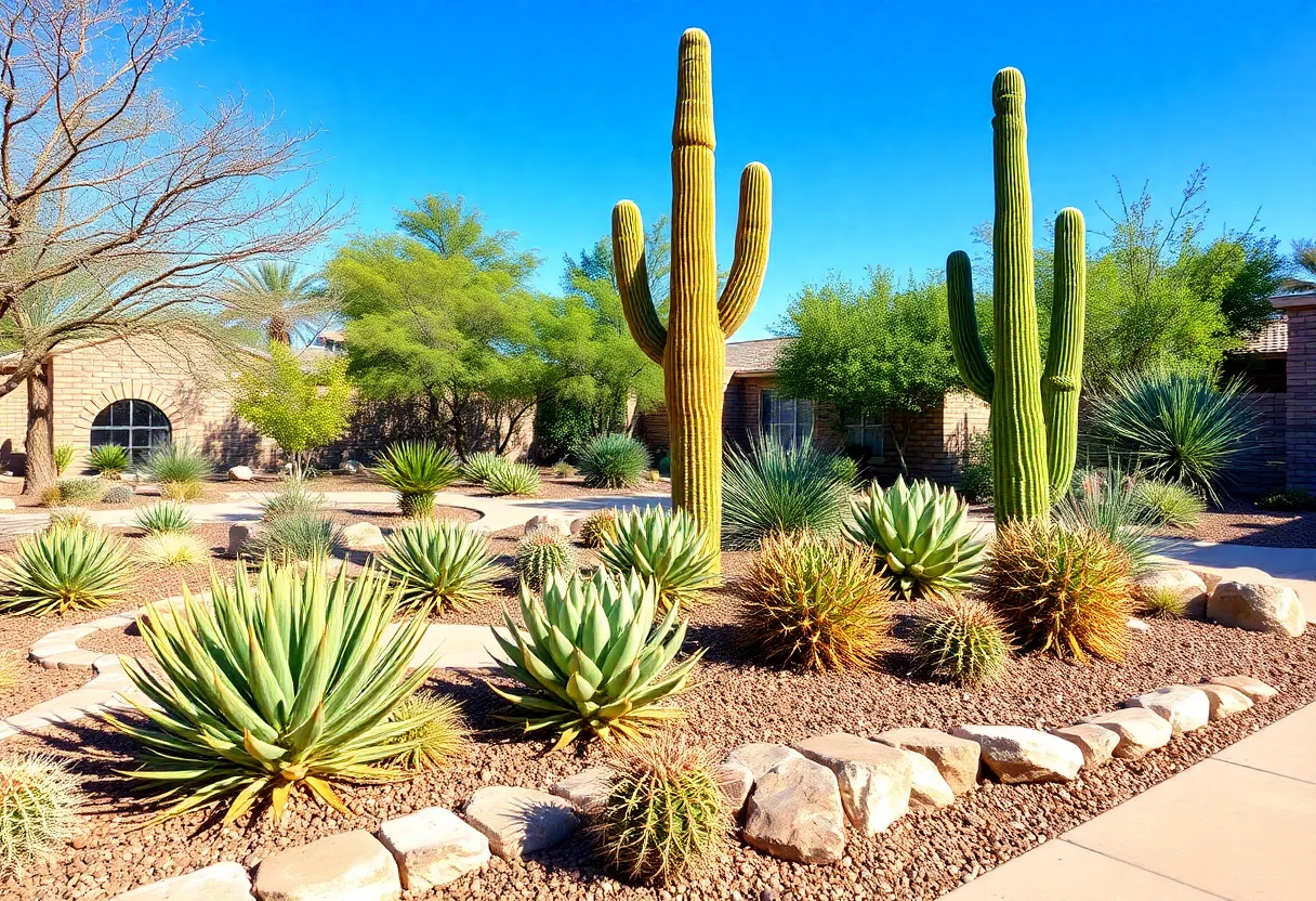 A vibrant xeriscape garden in Phoenix showcasing drought-tolerant plants and hardscaping