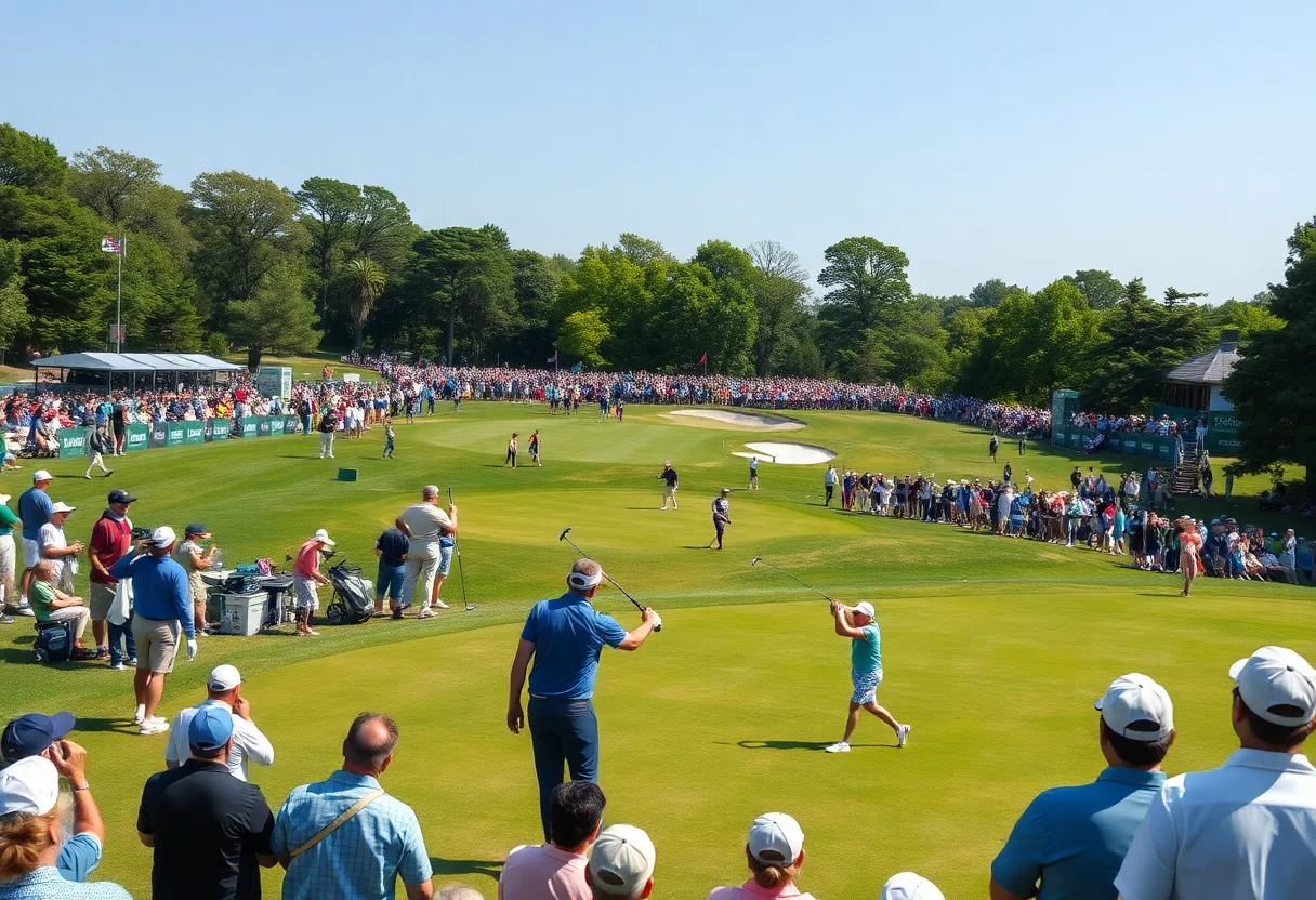 Golf players participating in the PGA Tour at a lively golf course