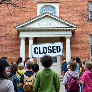 Closed school building with 'Closed' sign, representing the Academy at Penguin Hall's financial crisis