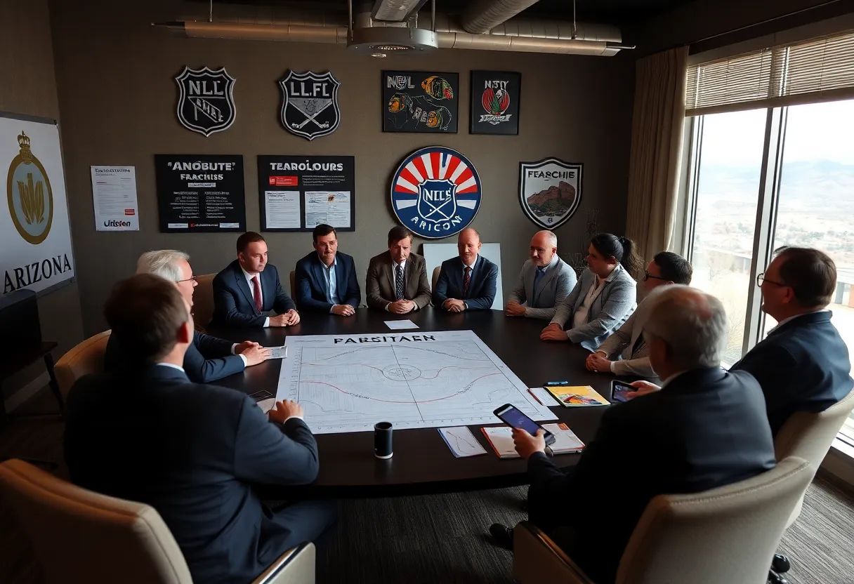 Group of community leaders discussing NHL franchise plans