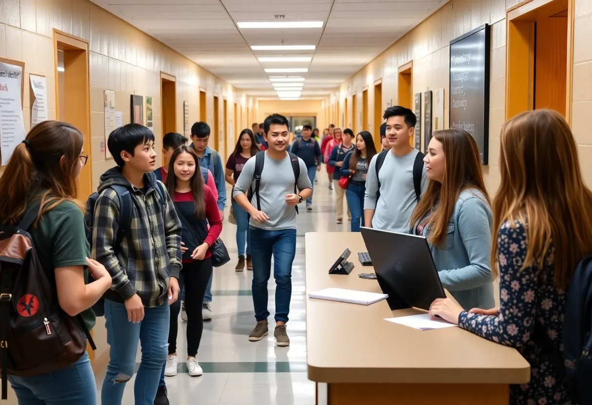 Students speaking with a college adviser in a high school setting