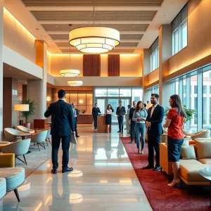 A vibrant hotel lobby with retro-futuristic design and staff attending to guests.