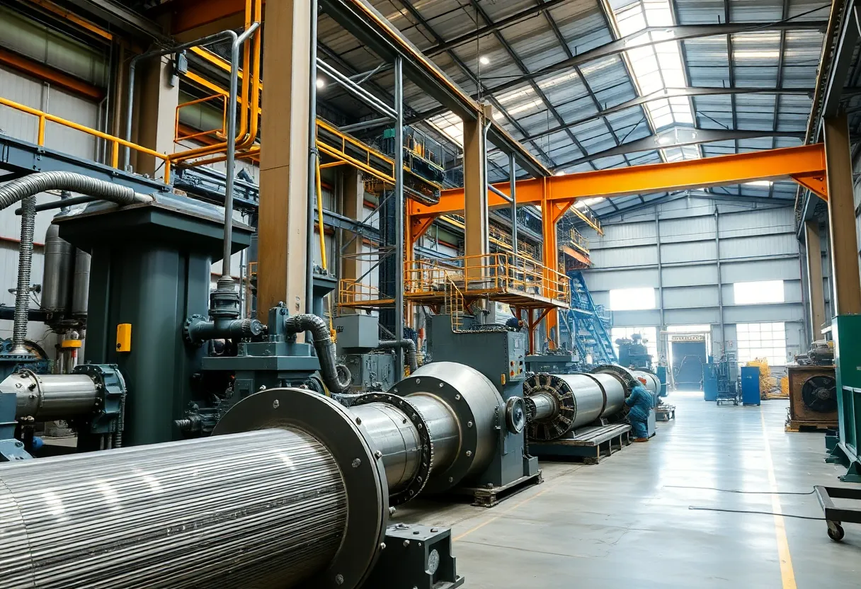 Industrial anode manufacturing facility used in metal production.