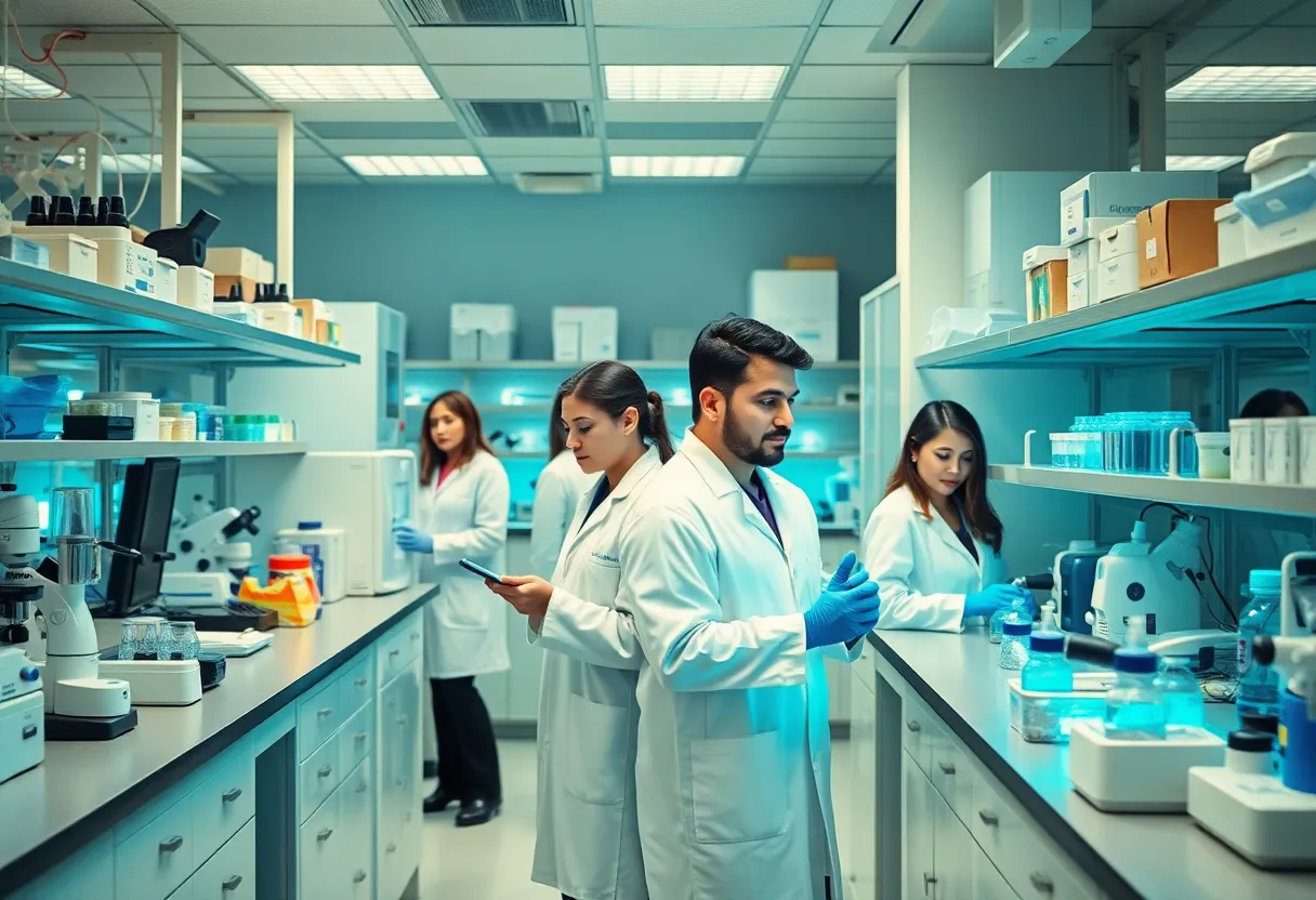 Diverse scientists collaborating in a modern bioscience laboratory