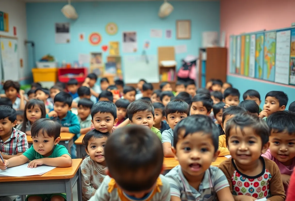 Classroom filled with young children participating in learning activities.