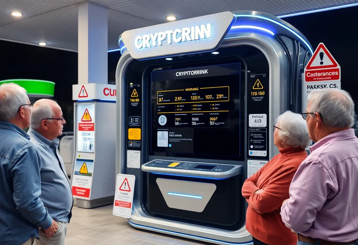 A cryptocurrency kiosk with warning signs targeting elderly consumers in Arizona.