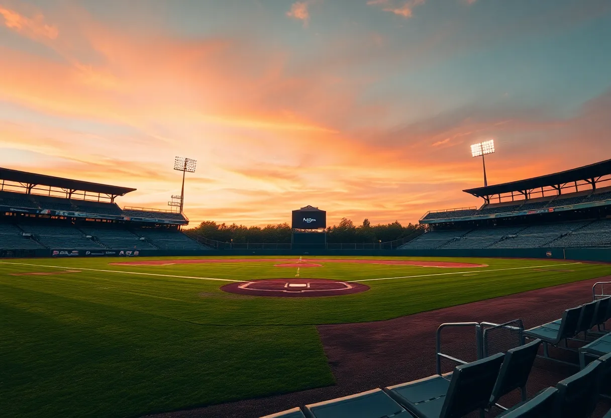 Empty baseball bleachers at sunset, representing disappointment.