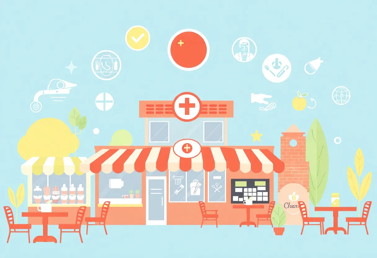 An illustration of restaurants focusing on health and safety code violations.