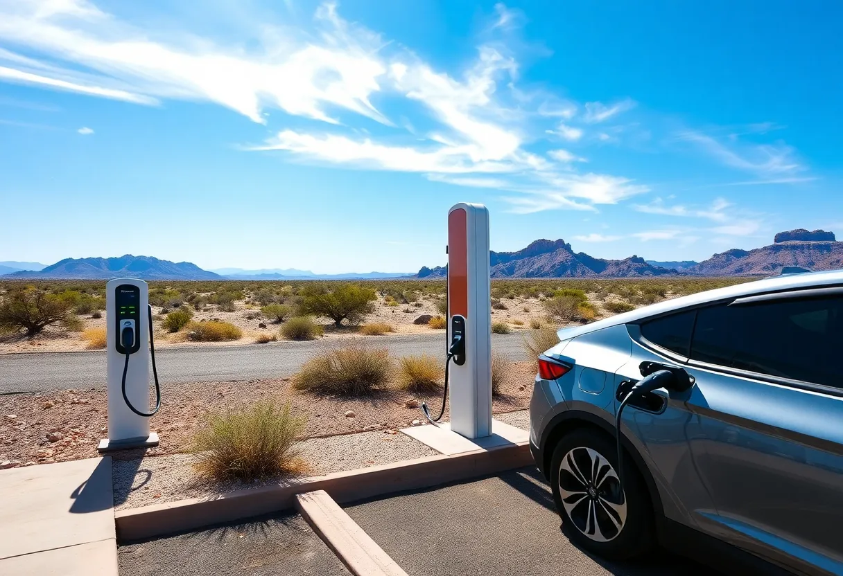 Electric vehicles charging at a station in Arizona desert