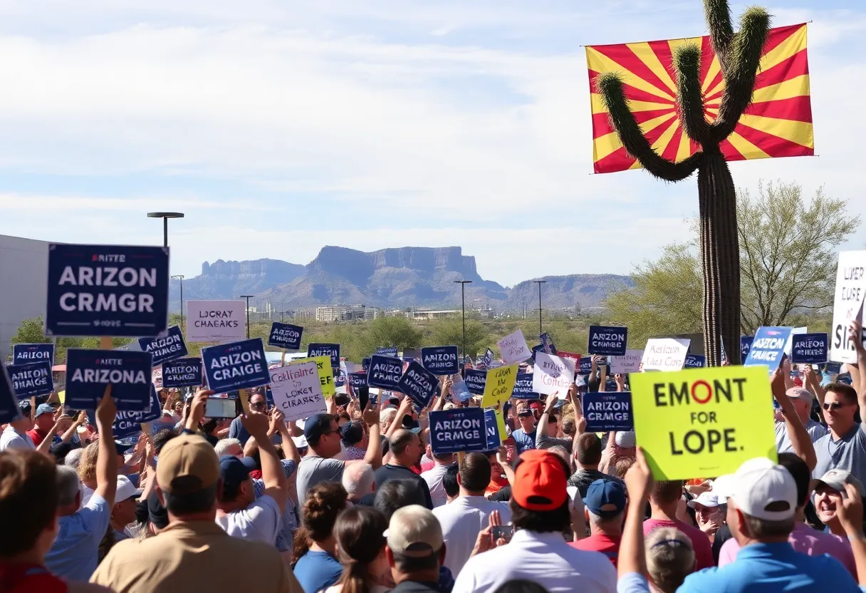 Crowd at an Arizona political rally with campaign signs.
